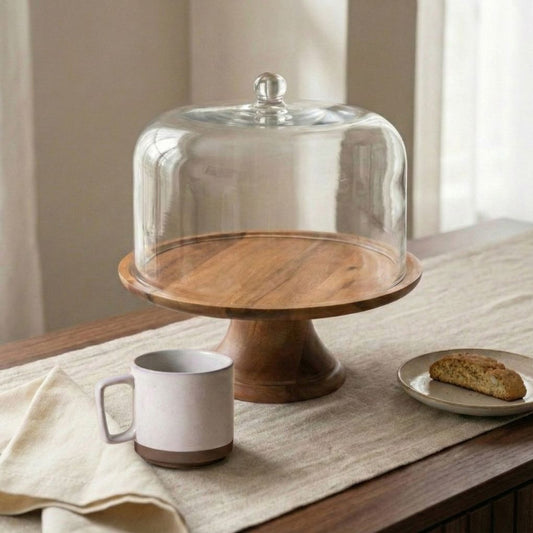 Wooden Cake Stand With Glass Cloche