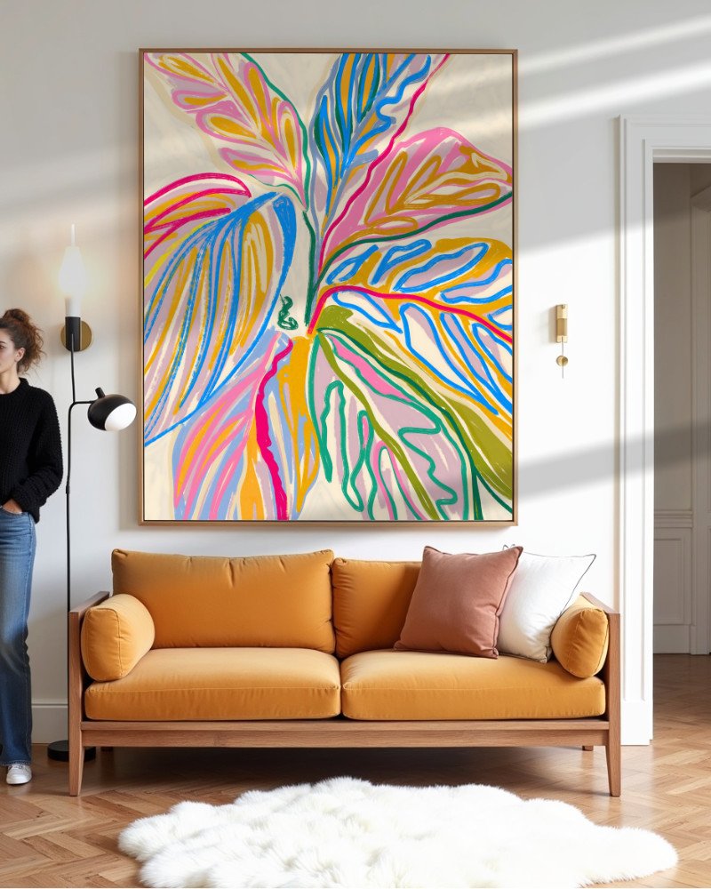 Rhythms of Bloom crayon-style botanical art print styled in a room