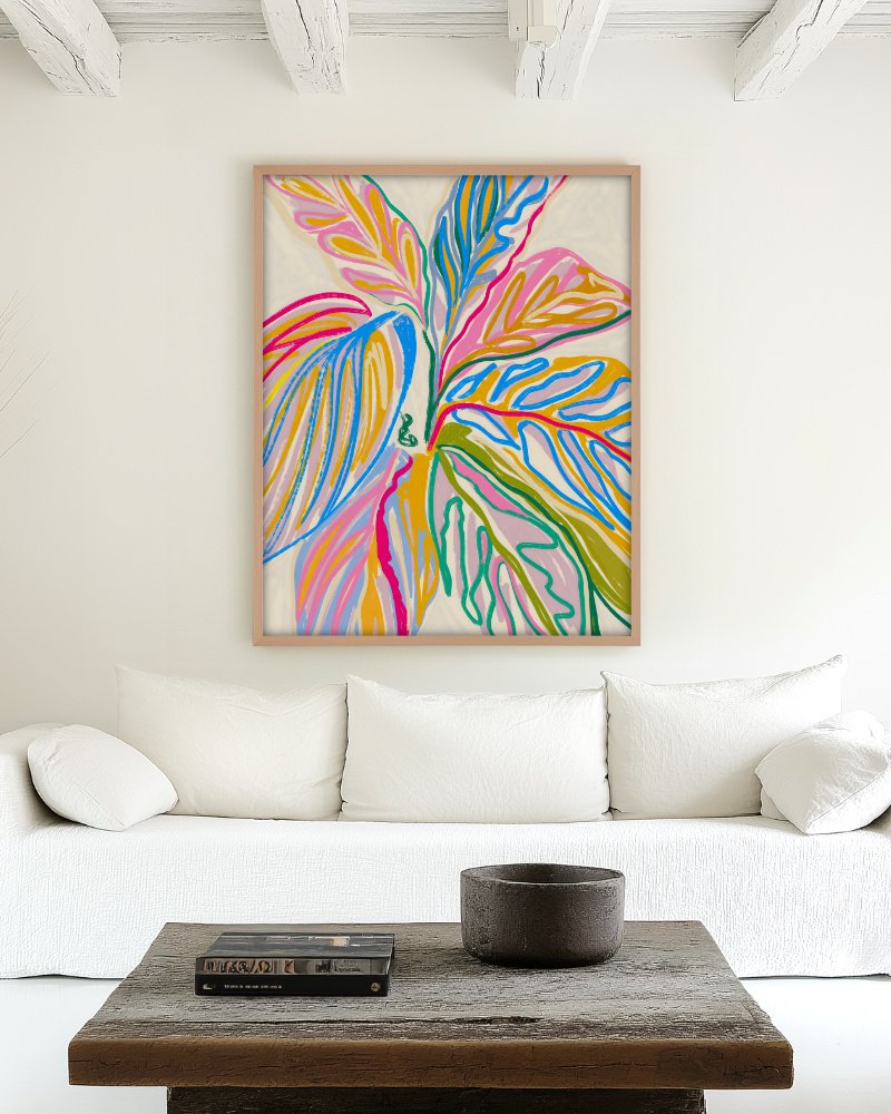 Rhythms of Bloom crayon-style botanical art print styled in a room