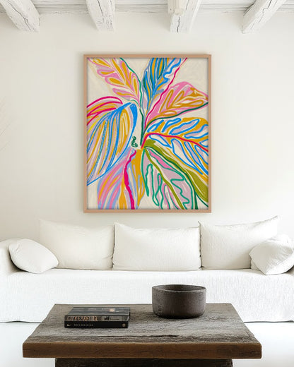 Rhythms of Bloom crayon-style botanical art print styled in a room