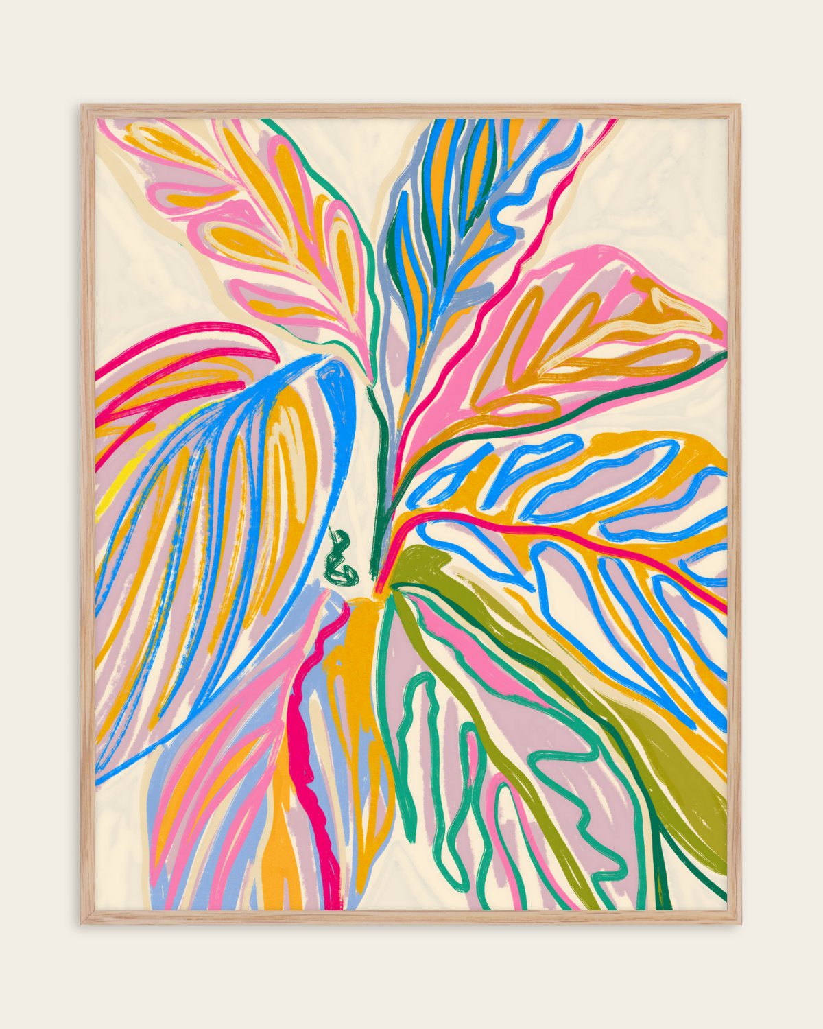 Rhythms of Bloom crayon-style botanical art print with leaves in fuchsia, golden ochre, seafoam green and electric blue