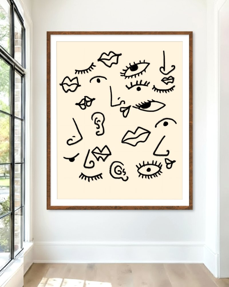 Senses black line art print styled in a room