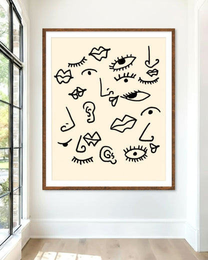 Senses black line art print styled in a room