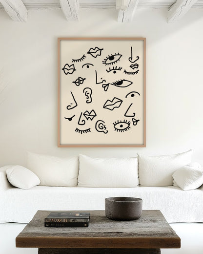 Senses black line art print styled in a room