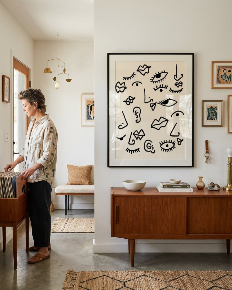 Senses black line art print styled in a room