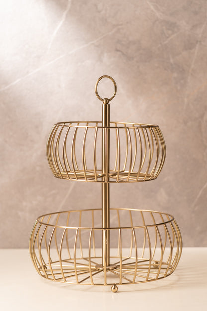 Tiered gold wire basket with looped handle, shown empty