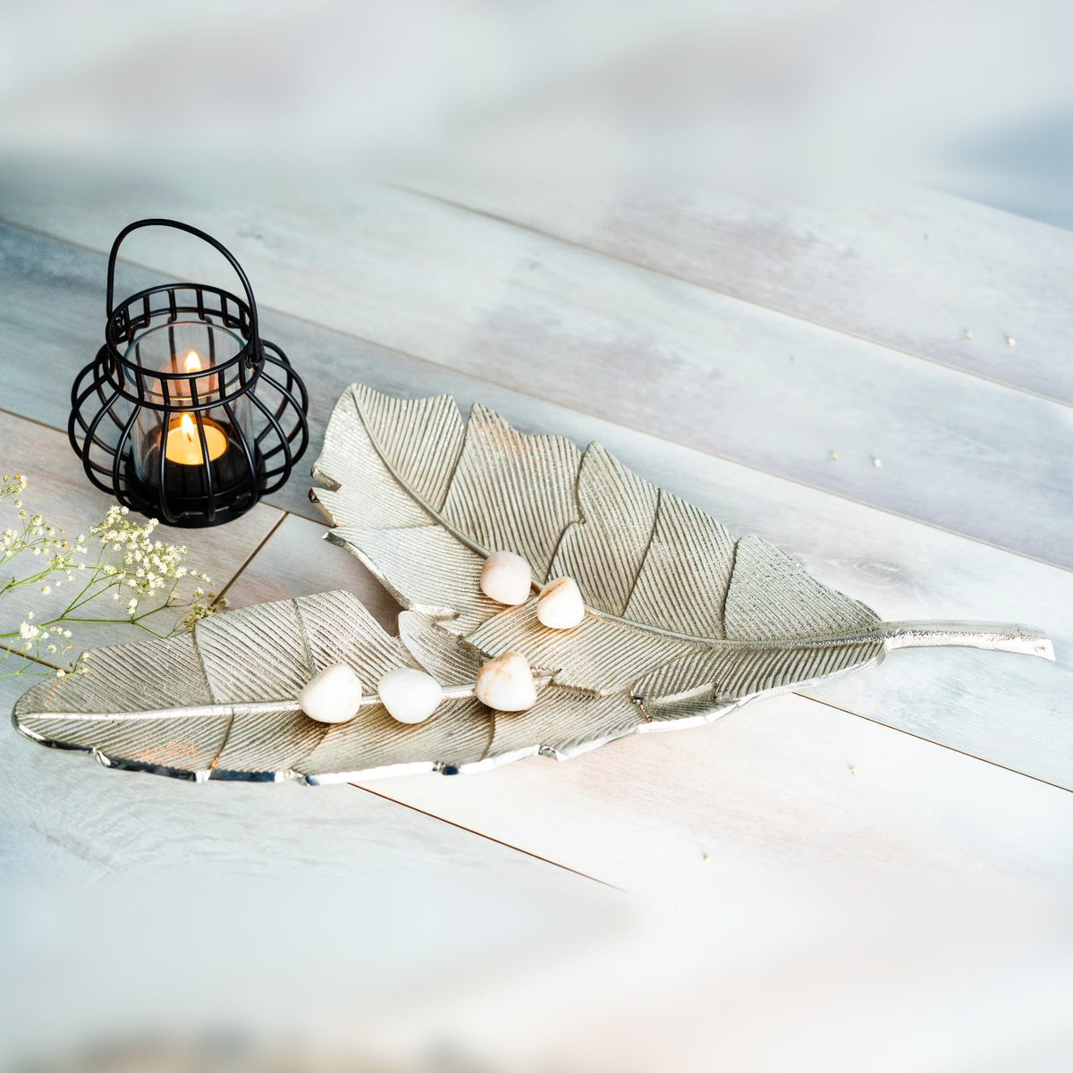 Silver Twin Fern Platter - handmade metal leaf platter with zig-zag edging