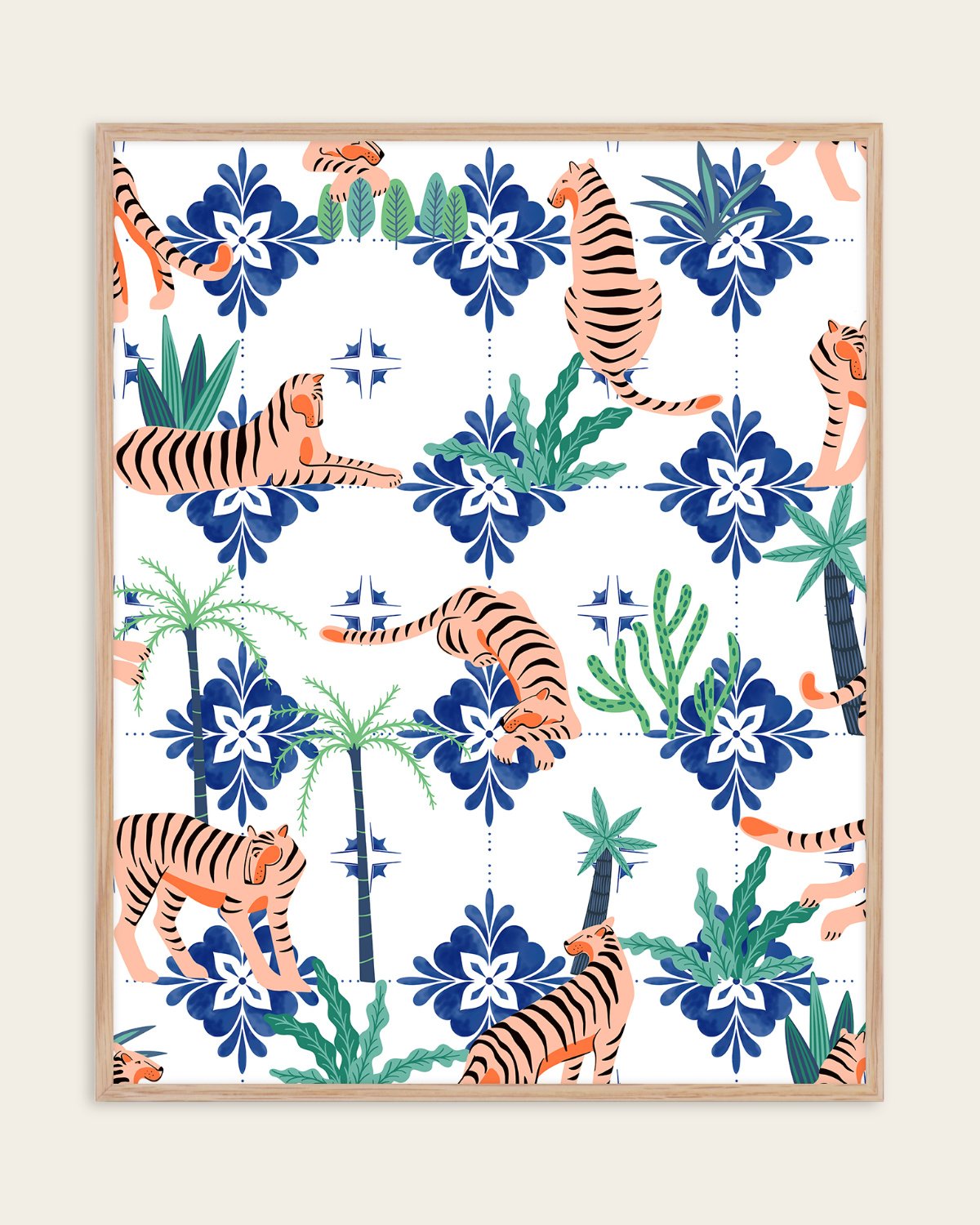 Tigers in Morocco art print of lounging tigers among cobalt blue Moroccan tile motifs and green foliage
