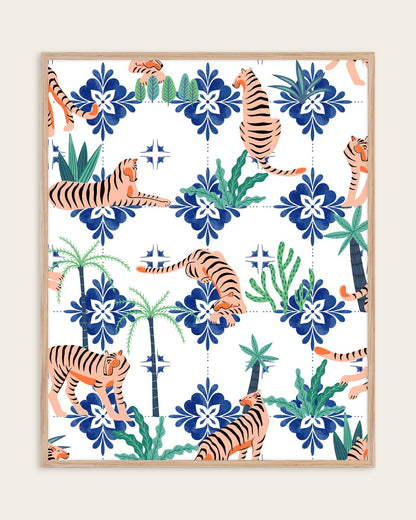 Tigers in Morocco art print of lounging tigers among cobalt blue Moroccan tile motifs and green foliage
