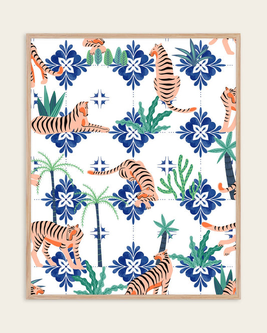 Tigers in Morocco art print of lounging tigers among cobalt blue Moroccan tile motifs and green foliage