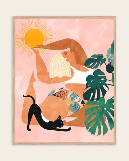 Tropical Yoga With My Cat — Watercolor — Wildlife wall art print