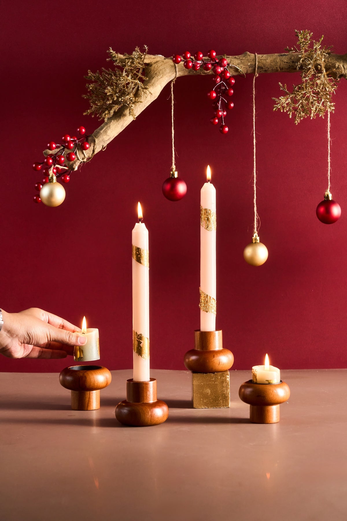 Reversible wooden candle holders styled for Diwali