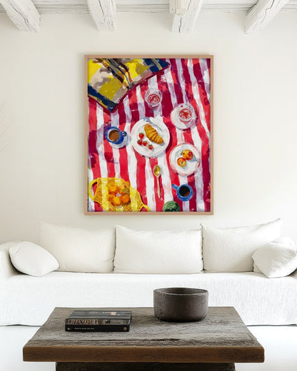 Where the Sun Finds Us painterly breakfast picnic art print styled in a room