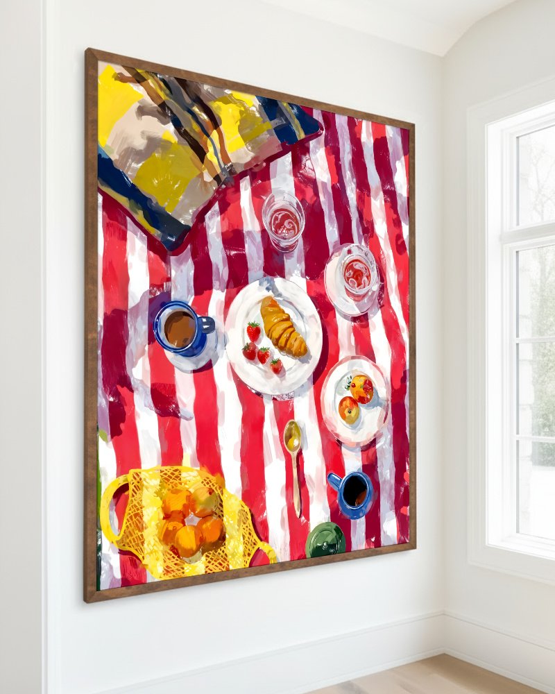Where the Sun Finds Us painterly breakfast picnic art print styled in a room