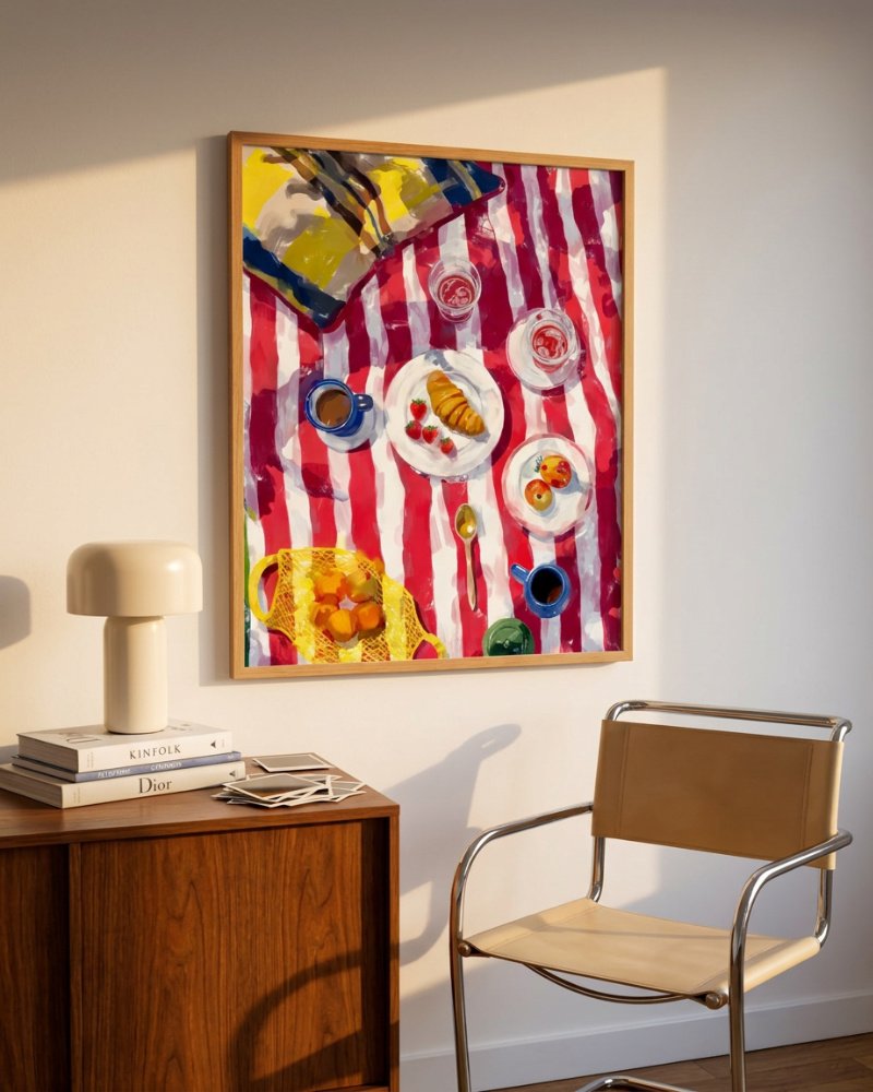 Where the Sun Finds Us painterly breakfast picnic art print styled in a room