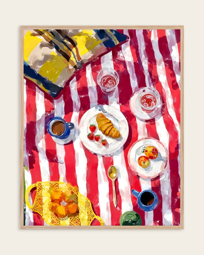 Where the Sun Finds Us painterly breakfast picnic art print with croissant, strawberries and coffee on a red striped cloth