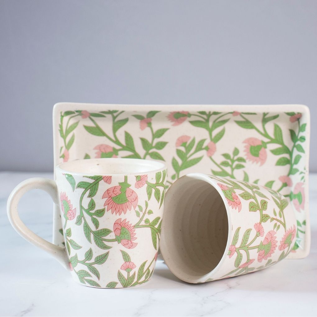 Pink Symphony Coffee Mug Set With 2 Coffee Mugs + Coffee Tray