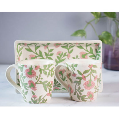 Pink Symphony Coffee Mug Set With 2 Coffee Mugs + Coffee Tray