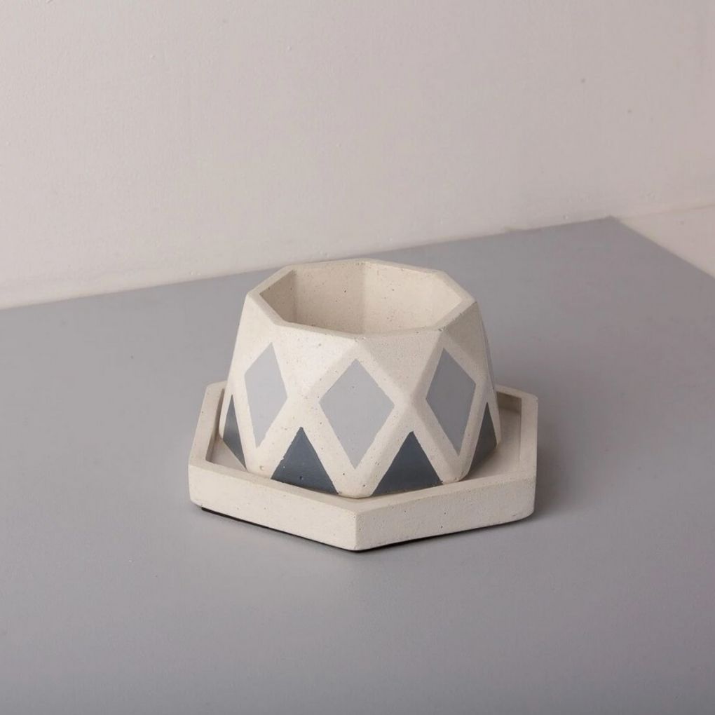 Small Concrete Diamante Planter With Base - Grey