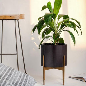Medium Fluted Planter With Stand - Brown
