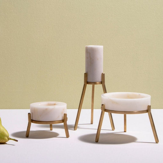 Fyre marble and brass candle holders in white, all three sizes