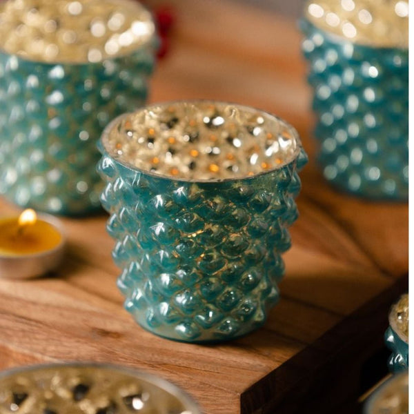 Cyan Glass Votive Candle Holder - Set Of 6