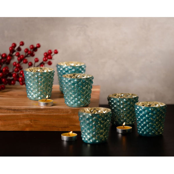 Cyan Glass Votive Candle Holder - Set Of 6