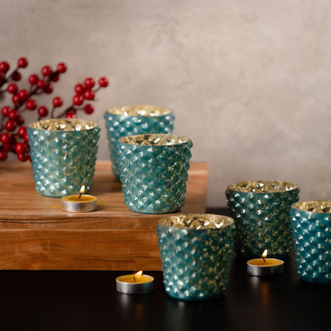 Cyan Glass Votive Candle Holder - Set Of 6