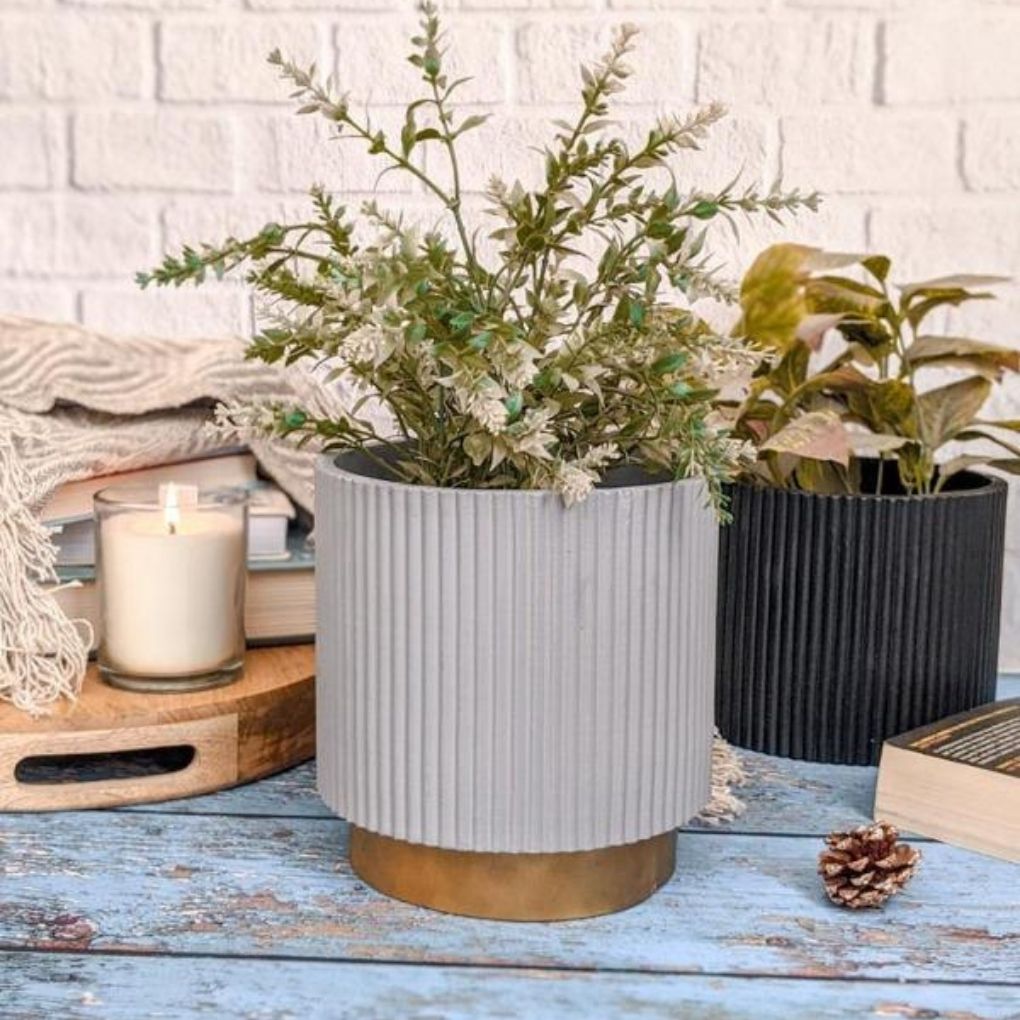 Small Fluted Planter With Base - Grey