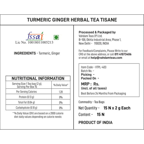 Turmeric Ginger Herbal Tea Tisane - 15 Tea Bags