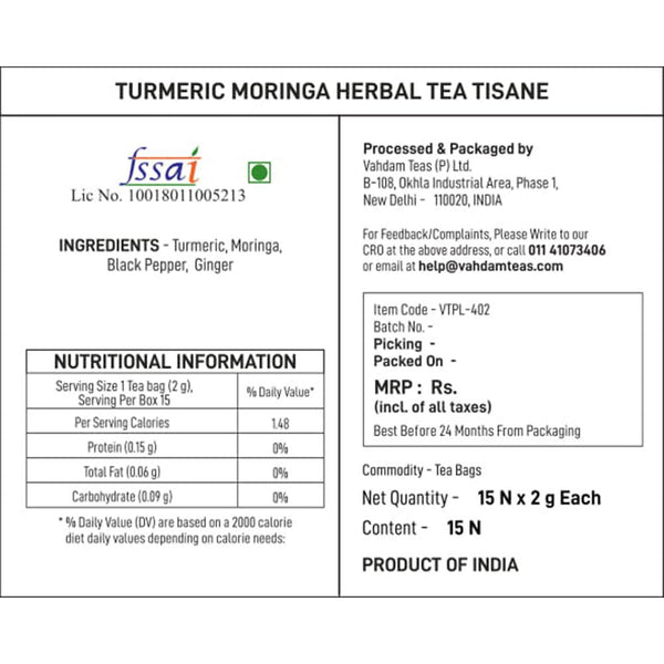 Turmeric Moringa Herbal Tea Tisane - 15 Tea Bags