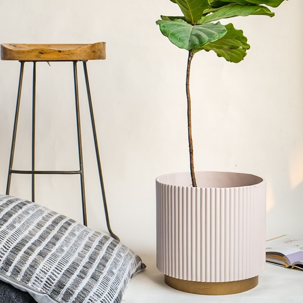 Large Fluted Planter With Base - Beige