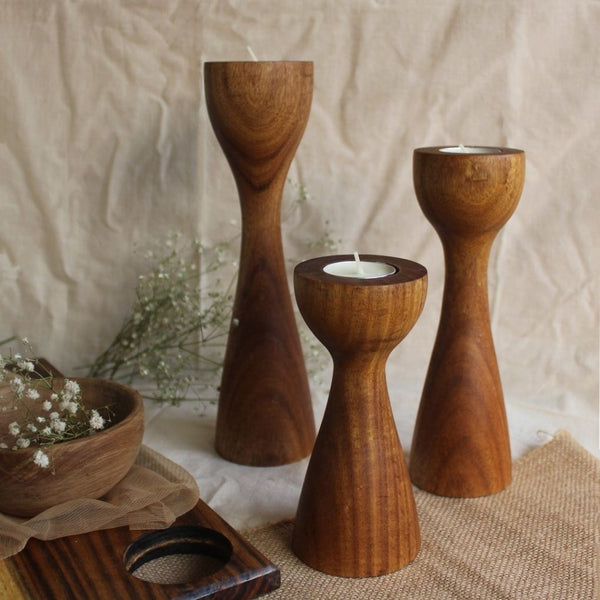 Wooden Pillar Tea Lights - Set of 3
