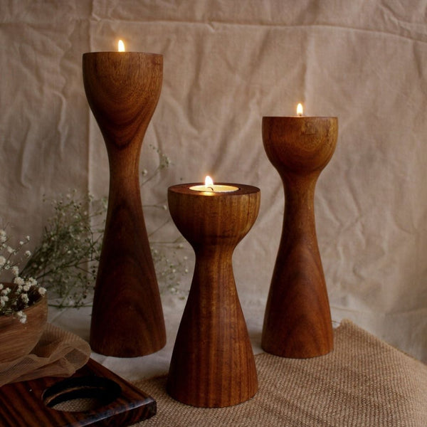 Wooden Pillar Tea Lights - Set of 3