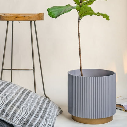 Large Fluted Planter With Base - Grey