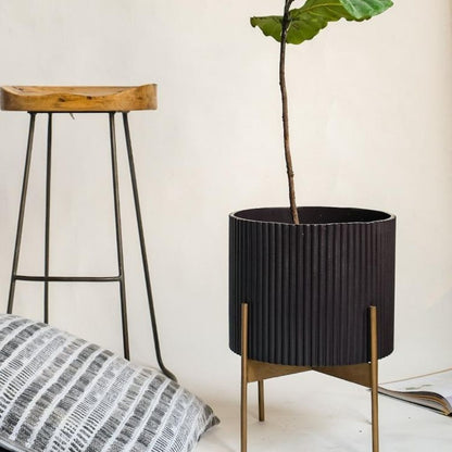 Large Fluted Planter With Stand - Brown