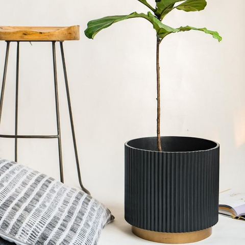 Large Fluted Planter With Base - Black