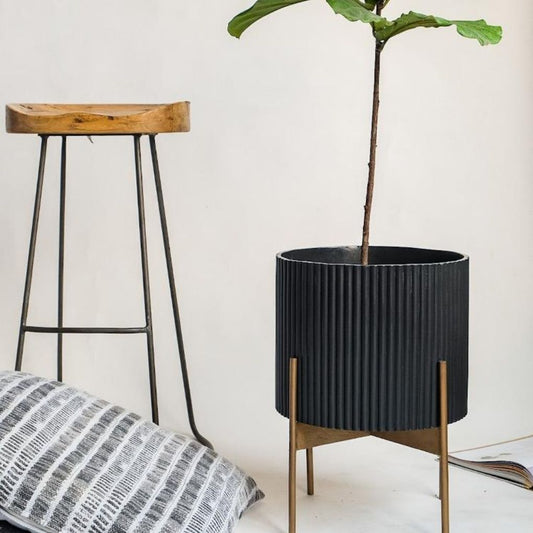 Large Fluted Planter With Stand - Black