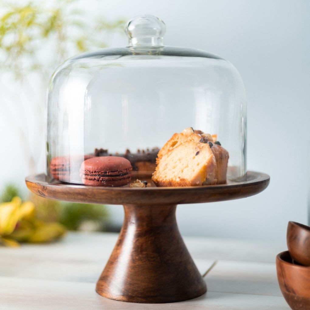 Wooden Cake Stand With Glass Cloche