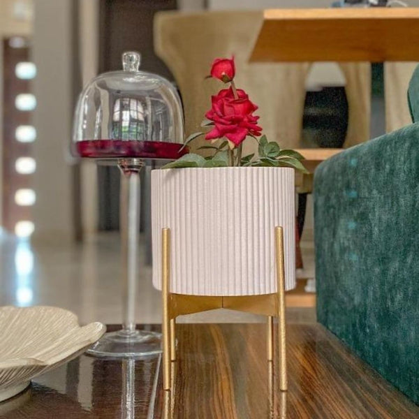 Small Fluted Planter With Stand - Beige