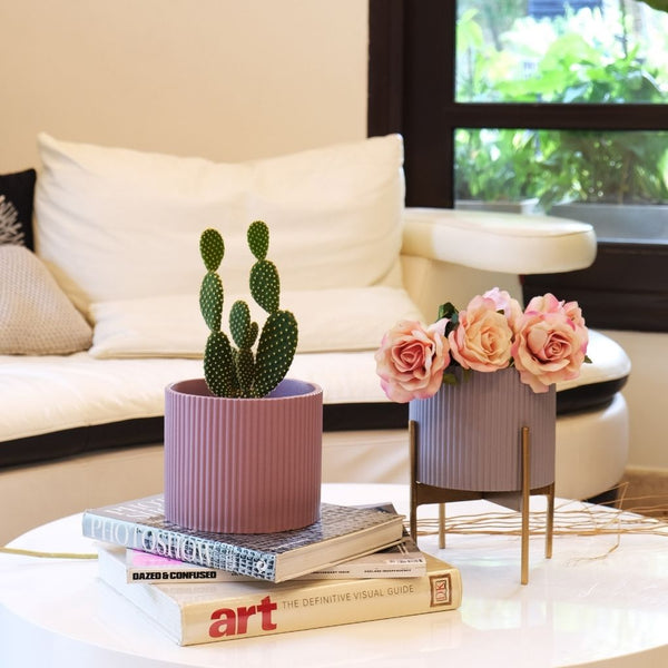 Small Fluted Planter With Stand - Grey