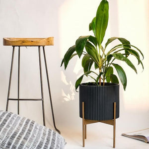 Medium Fluted Planter With Stand - Black